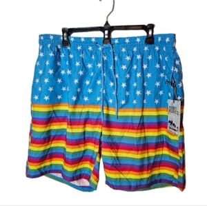 Free Planet Blue Star and Rainbow Stripe Swim Trunks Men's Size 1X NWT